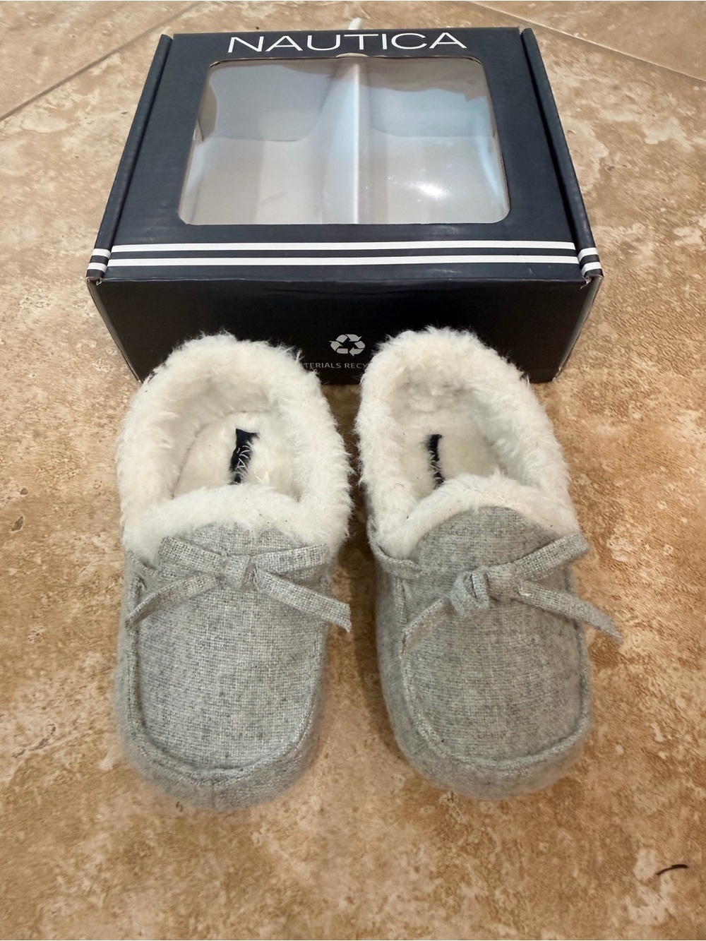 Nautica Light Gray Plush Lined Moccasin Slippers